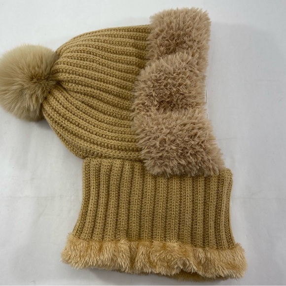 Cozy Women’s One Piece Scarf & Mask Tan Knit Pom-Pom Hat - Picture 12 of 14